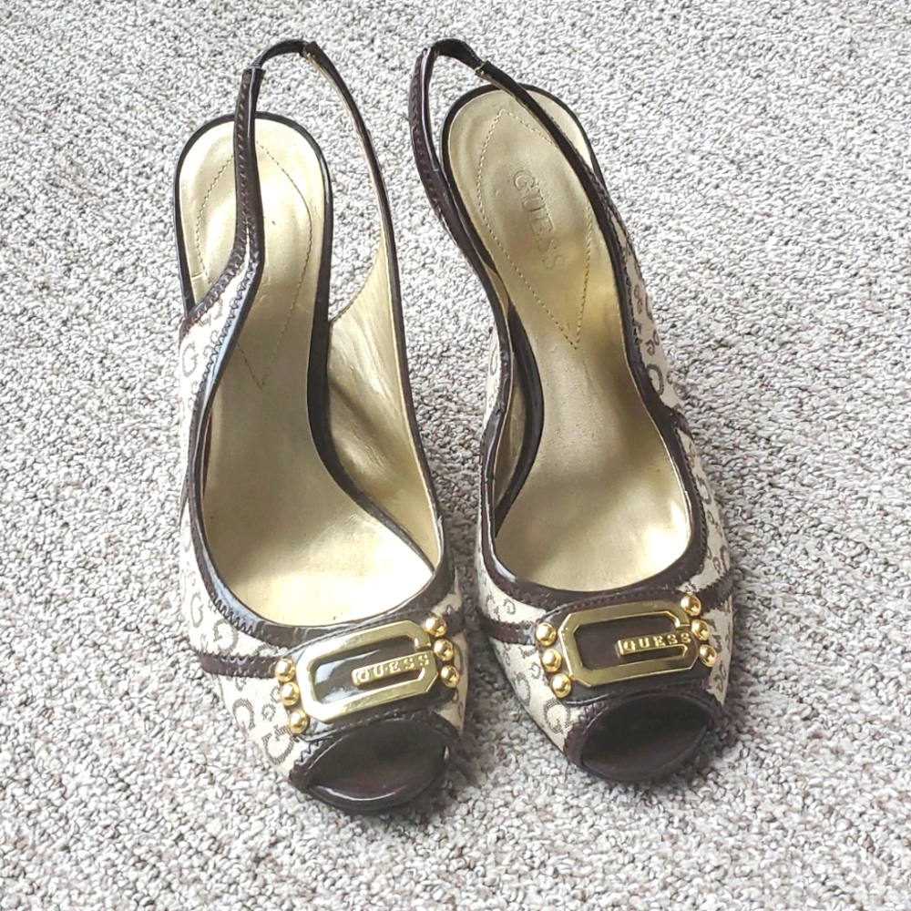 Guess Open Toe Wedge Heel Brown/Tan